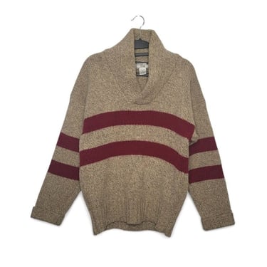 1990s Vintage Gap Sweater, Varsity Stripe University Pullover, 100% Wool Shawl Collar, Heathered Oat, Coastal Fisherman, Vintage Clothing 