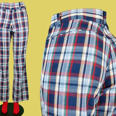 Bold plaid trousers from the 60s 70s. Red green blue yellow. Mod flare pants. Rough housers. (33 x 33) 