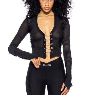 SAFETY PIN CARDIGAN IN BLACK ECO MESH