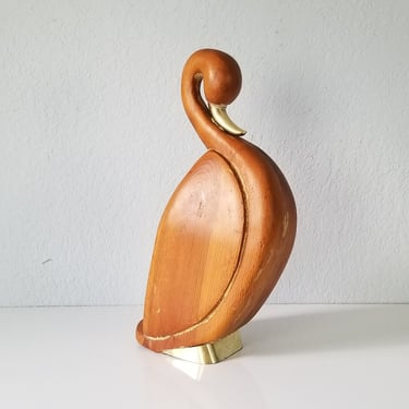 1970s Hand Carved Wood and Brass Swan Sculpture 