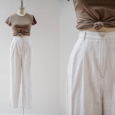 high waisted pants | 80s 90s vintage oatmeal beige white linen academia style pleated trousers 