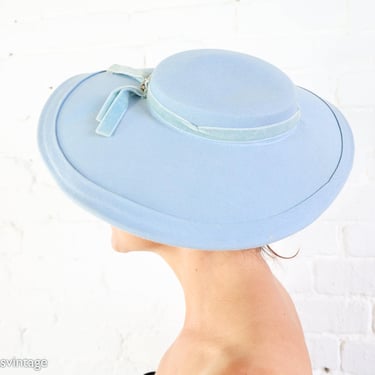 1940s Blue Wide Brim Platter Hat | 40s Pale Blue Linen Saucer Hat 