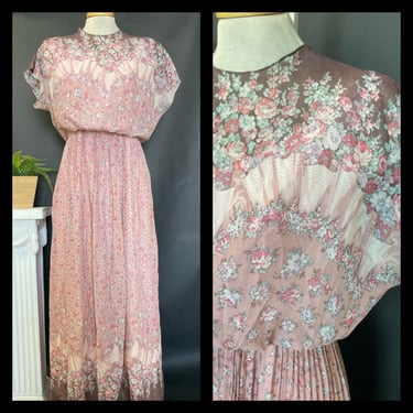 Vintage 1970s Boho Floral Maxi Dress Cap Sleeve Pink Print 60s 70s Medium 