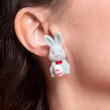 Adorable Vintage Pastel Blue Fuzzy Bunnies Clip-On Earrings 