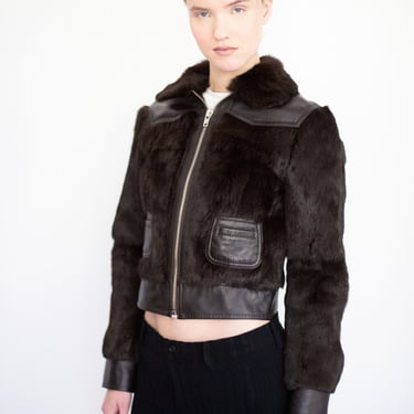 Vintage MARC JACOBS 2000s Brown Rabbit Fur + Leather Bomber Jacket sz XS S Y2K Fluffy Shearling Jacket 