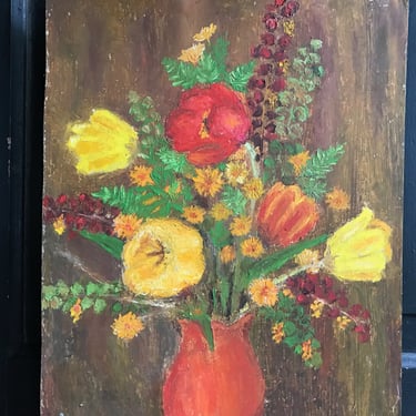 French Oil Painting, Tulips, Floral Vase, Red, Orange, Yellow, Still Life, Unframed, Oil on Board, Signed, Dated 