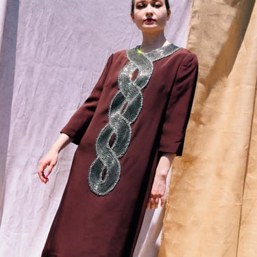 NOVARESSE Mocha Silk Beaded Dress Vintage 70s SZ Med to Large 