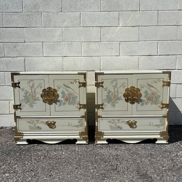 Gorgeous Pair of Nightstands Vintage Bedside Tables Asian Chinoiserie Bedroom Furniture Chinese Brass Bohemian Boho Chic CUSTOM PAINT AVAIL 
