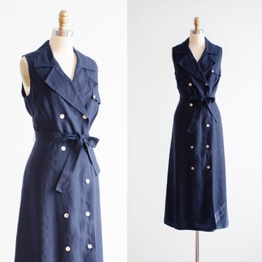 navy linen dress 90s y2k vintage dark blue sleeveless pinafore maxi dress 