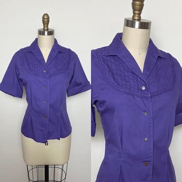 Vintage 1950s Purple Blouse 50s Cotton Top Size Large 