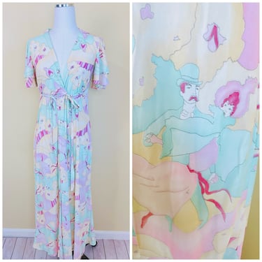 1970s Vintage Butterfield 8 Pastel Dancing Couple Robe / 70s / Seventies Pink and Mint Novelty Wrap Flutter Sleeve Dress / Small - Medium 