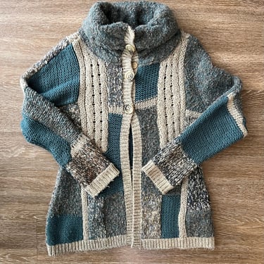 Vintage Blue And Tan Chunk Shawl Cardigan Sweater Medium 