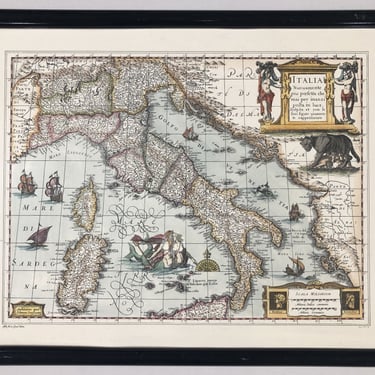 Vintage Framed Latin Italian Map of Italy by Hondius H 