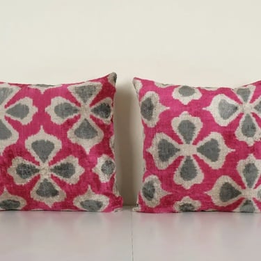 Handloom Pink Ikat Velvet Pillow, Square Floral Uzbek Cushion | 20 x 20