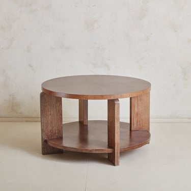 Two Level Round Cerused Oak Coffee Table Attributed to Travail Francais, France 1950s