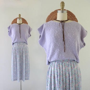 lilac cotton top - l - vintage 80s 90s womens purple lavender sweater top shirt size large 