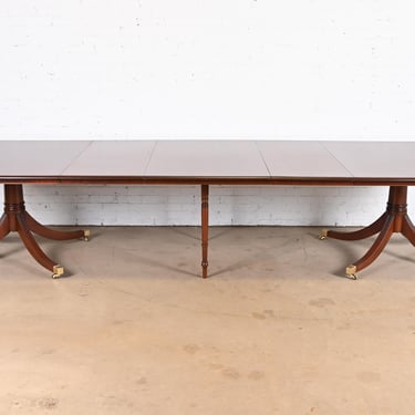 Baker Furniture Style Georgian Banded Mahogany Double Pedestal Extension Dining Table, Newly Refinished