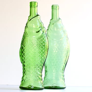Vintage Italian Green Glass Fish Bottles - Mismatched Set Of Two - Tall Empty Wine Bottle Vases - Vetreria Estruca of Italy 