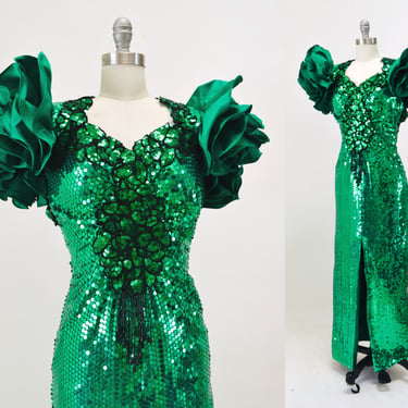 80s Vintage Green Prom Dress Sequin Dress Evening Gown 80s Small // 80s Pageant Dress Green Sequins Fringe Drag Queen Alyce Designs 