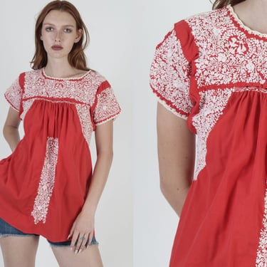 Red Cotton Oaxacan Tunic / Crochet Trim Mexican Blouse / A Line Made In Mexico Blouse / All White Floral Hand Embroidered Shirt 
