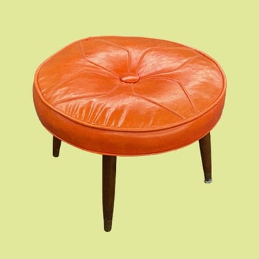 Vintage Ottoman Retro 1960s Mid Century Modern + Orange Vinyl + Round + Flower Design + Cushioned + Wood Legs + Extra Seating + MCM Footrest 