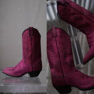 Vintage JUSTIN Deep Fuchsia Leather Cowgirl Western Boots | Made in USA | Size 7B | Vtg Designer Cowgirl Cowboy Western Wear Boots 