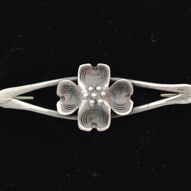 50's sterling dogwood flower double bar brooch, handmade mid-century 925 silver floral pin 