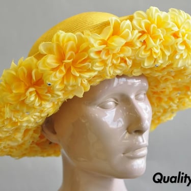 Vintage Jack McConnell Boutique Yellow Straw Bejeweled Flower Petal Derby Hat