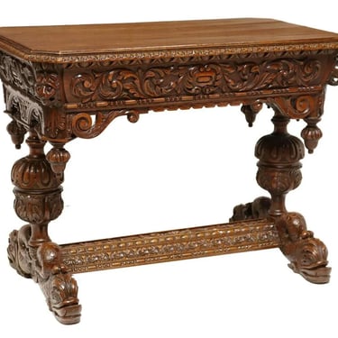 Antique Table, Writing, Highly Carved, Renaissance Revival, 19th c 1800s
