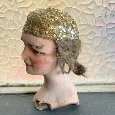 Vintage 1930 Gold Sequin on Cream Mesh Tulle Hat Headpiece  Beanie Showgirl
