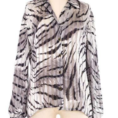 Escada Grey Animal Print Sheer Silk Blouse