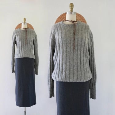 shetland wool sweater - l - vintage 70s 80s unisex womens ribbed gray long sleeve pullover crew neck minimal minimalist 