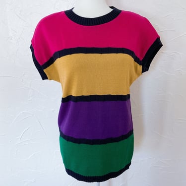 80s Colorblock Pink Gold Purple Green Navy Short Sleeve Sweater | Large/Extra Large 