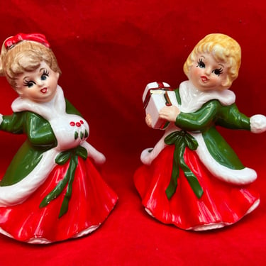 Lefton Christmas girls vintage ceramic figurine pair 