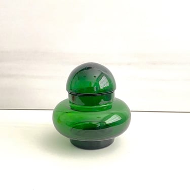 Vintage Hand Blown Murano Italy Hooped Mushroom Art Glass Canister Jar with Lid GREEN 1970s Modern 