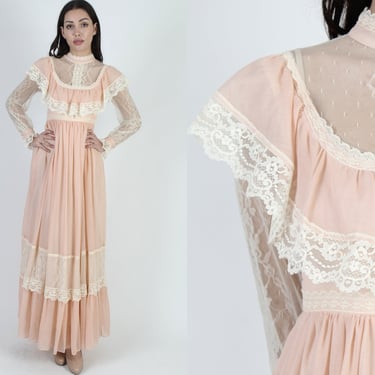 Gunne Sax Bridal Sheer Sleeve Maxi Dress / 70s Peach Jessica MClintock Floral Lace / Tiered Simple Bohemian Wedding Long Dress 