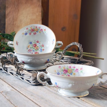 Vintage KPM Poland berry bowls / antique fine Polish china floral bowls teacups / set of three transferware bowls with two handles 