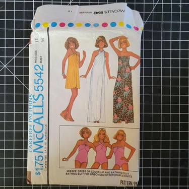 McCall's 5542 size 12 bust 34 bathing suit and beach cover up or wrap dress, 1977 style sexy stretch vintage 70s sewing pattern 