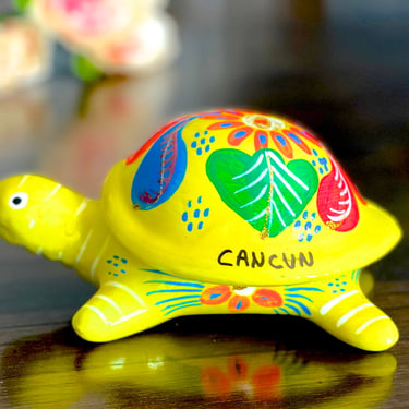 VINTAGE: Mexican Colorful Turtle Pottery Trinket - Ring Jewelry Box - Hand Painted Heart - Made in Cancun Mexico - SKU 22-C-00035288 