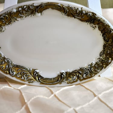 Antique Opaline Milk Glass Vanity Tray Oval Scrolls Gold Gilding Dated 1860s to 1900s Victorian Milk Glass Collectible RARE Gift for Her 