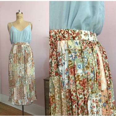 1980's Patchwork Floral Accordion Pleated Midi Skirt 