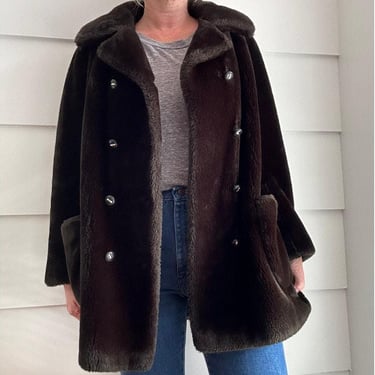 Vintage Faux Fur Coat | 80's Coat | Dark Brown Faux Fur Double Breasted Coat | Sportowne Coat 