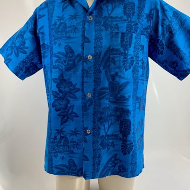 1960s Hawaiian Shirt - 100% Cotton - ISLAND FASHIONS Label - Deep Electric Blue Print - Made in Hawaii - Metal Buttons - Men's Medium 