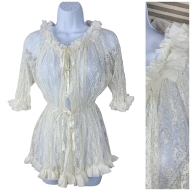 Vintage Housecoat Robe Medium Large lace alt White Ruffle Sheer Mini Sexy 