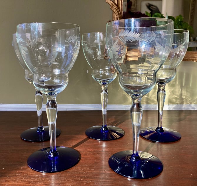 Etched crystal Wine Glasses with Blue Base Set of Five 