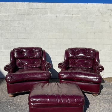 3pc Handsome Tufted Leather Armchairs Lounge Chair Seating Vintage Chesterfield Chippendale Lounge Mid Century Modern English Wing 