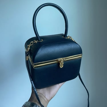 vintage top handle pebbled box purse structured navy petite handbag 