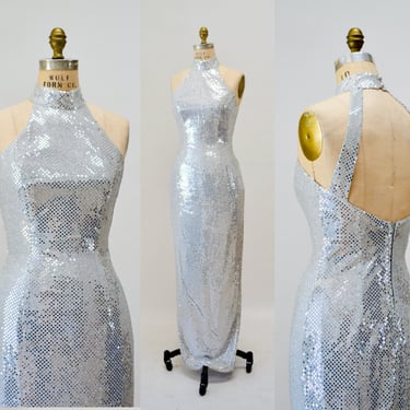90s 2000s Y2K  Silver Metallic Prom Party Dress Gown Small Roberta Silver Tank Halter Dress Sleeveless Long Dress 90s Silver Dress Pageant 