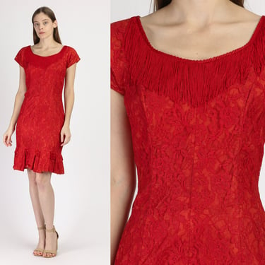 60s Red Lace Fringe Party Dress - Medium | Vintage Velvet Trim Short Sleeve Sheath Mini 