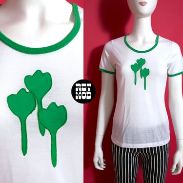 DEADSTOCK Comfy Soft Vintage 70s 80s White & Green Leaves Appliqué T-Shirt 